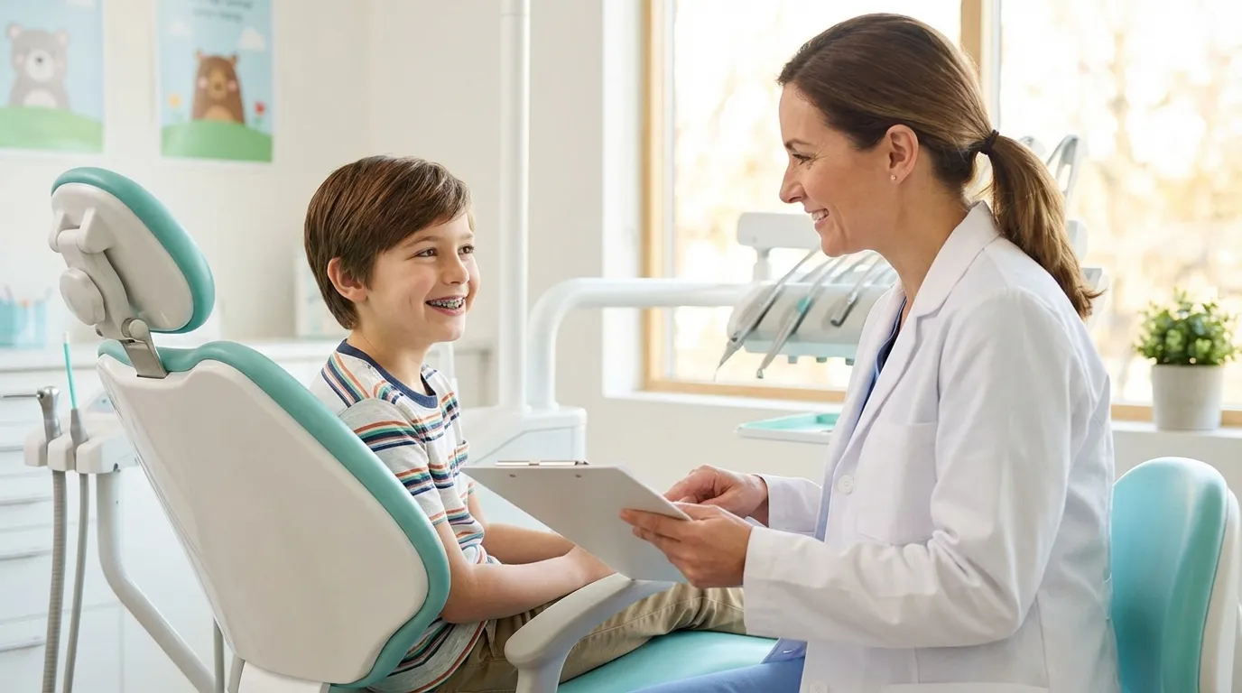 Lächelndes Kind mit Zahnspange in freundlicher Zahnarztpraxis